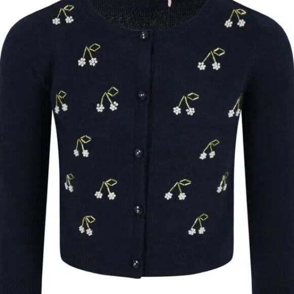 Girls Navy Wool Blend Cardigan with White Pearl Cherries & bead stems. Size 14. - Picture 1 of 4